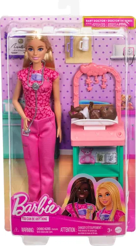 Vista 6 de Barbie Baby Doctor Playset con muñeca rubia a la moda con ropa quirúrgica rosa, muñeca de bebé, muebles y accesorios Multicolor