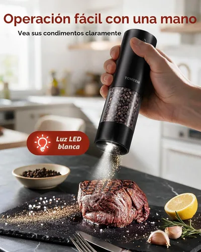 Vista 2 de TOMEEM Juego de molinillo eléctrico recargable de sal y pimienta de mayor Molinillo de pimienta automático de acero inoxidable de 3.7 fl oz con 5