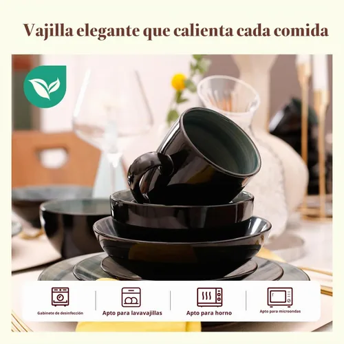 Vista 4 de Sonoma - Juego de vajilla de gres de 16 piezas, exterior negro + interior pintado a mano color azul