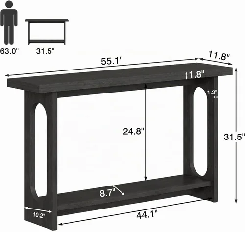 Vista 2 de Mesa consola negra, mesa de entrada de madera de 55 pulgadas, mesas estrechas para sofá, mesas de pasillo para sala de estar, entrada, vestíbulo