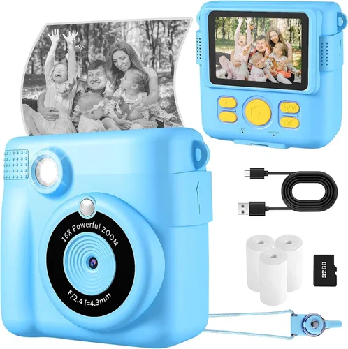 Vista 13 de Cámara para niños con impresión instantánea, cámara segura para niños pequeños, pantalla de 2.4 pulgadas, 1080P con zoom 16X, tarjeta TF de 32GB
