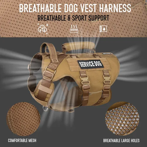 Vista 3 de Chaleco de servicio para perros grandes, arnés táctico marrón con Molle militar, malla transpirable y hebilla de metal de 1.49 oz - Talla M