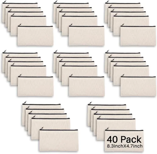 Vista 11 de Bolsa de lona en blanco con cremallera, bolsas de maquillaje a granel, bolsa multiusos de lona para lápices con cremallera resistente, bolsa