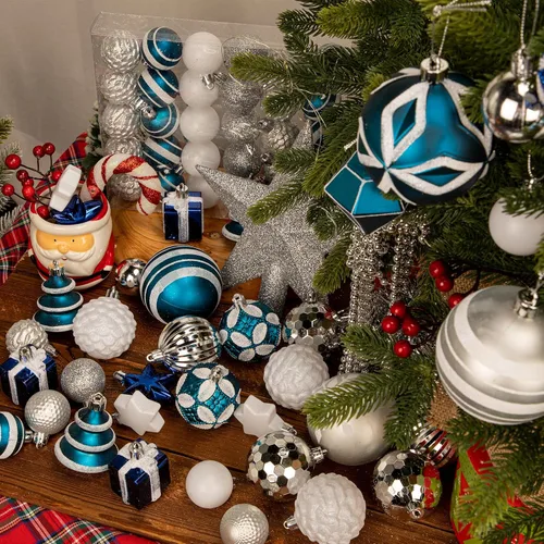 Vista 3 de 100 piezas de juego de adornos de Navidad azul y blanco – Kit de bolas de decoración de árbol de Navidad inastillables con estrella de copa