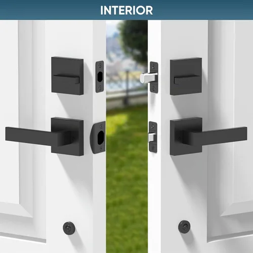 Vista 7 de TICONN Juego de manijas para puerta delantera doble, palanca de puerta cuadrada de servicio pesado y combo de cerrojo de cilindro único para puertas