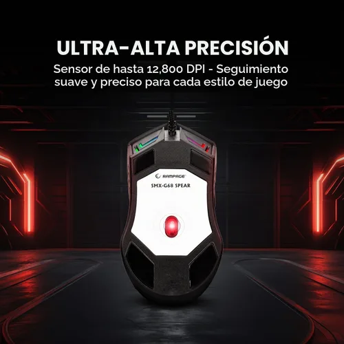 Vista 5 de Rampage Spear V2 - Mouse para juegos con cable negro con iluminación RGB, 12800 DPI, 7 botones programables, mouse ergonómico ligero