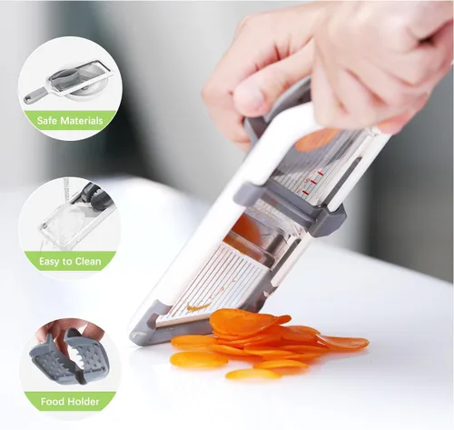 Vista 4 de Rebanadora de Mandolina Manual Múltiple - Cuchilla de Acero Inoxidable Ajustable, Cortador de Verduras con Agarre Cómodo, Características