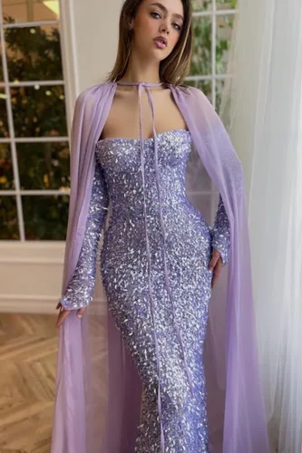 Vista 2 de Vestidos de fiesta de sirena con hombros descubiertos brillantes 2023 con capa de manga larga con lentejuelas y escote corazón, vestido formal