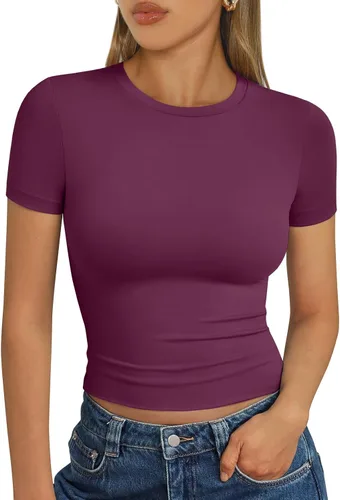 Vista 34 de Trendy Queen - Camisetas básicas para mujer, camisetas de verano 2025, de manga corta, ajustadas, para gimnasio, entrenamiento, ropa estilo Y2K