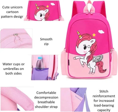 Vista 4 de Mochila de viaje para niños y niñas de preescolar con diseño de dibujos animados, ligera, fresca y bonita, con bolsa de almuerzo, Unicornio rosa M