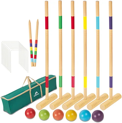 Vista 9 de ApudArmis Juego de Croquet para Seis Jugadores con Mazos de Madera de Goma Premium de 28 Pulgadas, Pelota de Colores, Arcos, Estacas – Juego