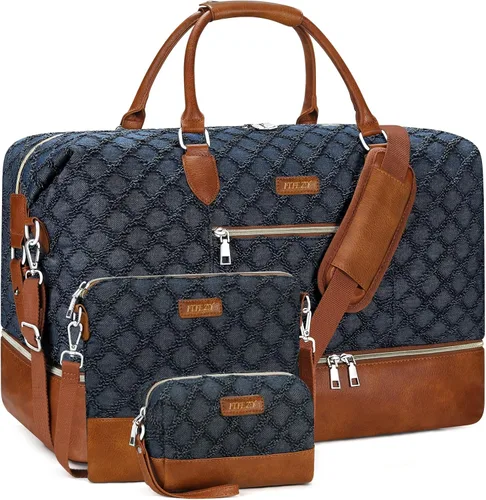 Vista 33 de Bolsa de fin de semana para mujer, bolsa de viaje de nailon, con compartimento para zapatos, tamaño grande 1-beige