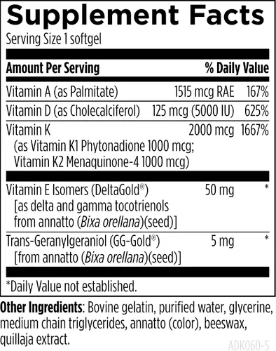 Vista 5 de Designs for Health ADK Evail - 5,000 UI de vitamina D3 con vitaminas A, E (Gamma Delta Tocotrienoles de Annatto), K (K1 + K2) - Complejo de vitamina