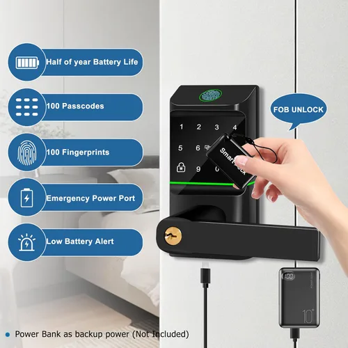 Vista 5 de Cerradura de puerta automática de entrada sin llave, cerradura inteligente con perilla de puerta, huella digital biométrica, código de acceso