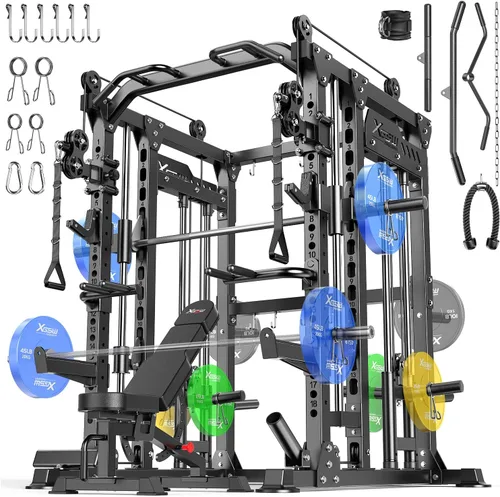 Vista 27 de Rack Multiusos para Sentadillas, Conjunto de Rack de Pesas Smith Machine con Sistema de Crossover de Cables, Racks de Potencia para Gimnasio