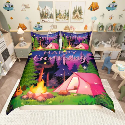 Vista 43 de Funda de edredón Happy Camping, juego de ropa de cama con temática de cámper para niños, funda de edredón de estilo rústico para decoración