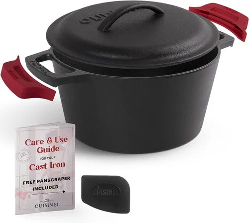 Vista 15 de Cuisinel Horno Holandés de Hierro Fundido - Olla Profunda de 3 Cuartos - Multicocina 2 en 1 Presazonada - Tapa Combinada que Funciona como Sartén