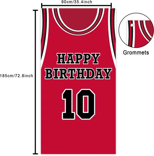 Vista 2 de Cartel de feliz cumpleaños 10 pancarta de fondo rojo de baloncesto estrella jugador de deportes decoración para hombre niño 10 cumpleaños