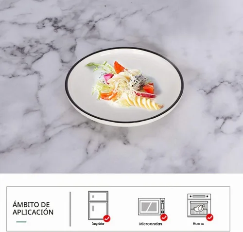 Vista 3 de Platos pequeños de porcelana de 6 pulgadas, color blanco con bordes negros, platos para servir, postre, ensalada, aperitivos, juego de 6