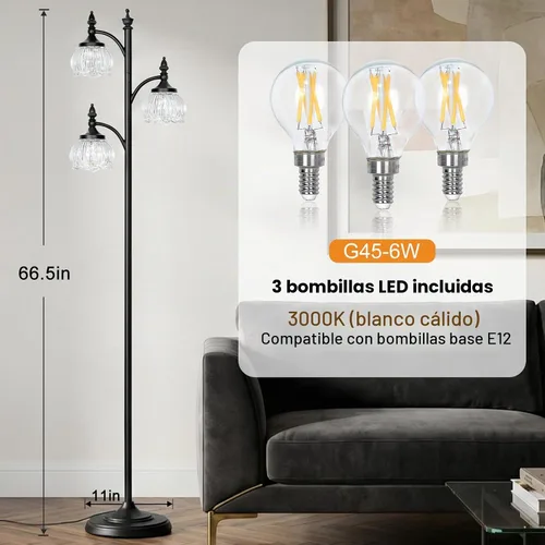 Vista 4 de JUNNAI Lámparas de pie negras para sala de estar, lámparas de pie de 66.5 pulgadas con pantalla de cristal, luces de brillo de 3 vías, lámpara