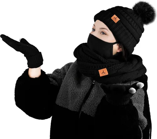 Vista 8 de Winter Hat Scarf Gloves and Ear Warmer, Warm Knit Beanie Hat Touch Screen Gloves Set Winter Gifts Neck Scarves for Women