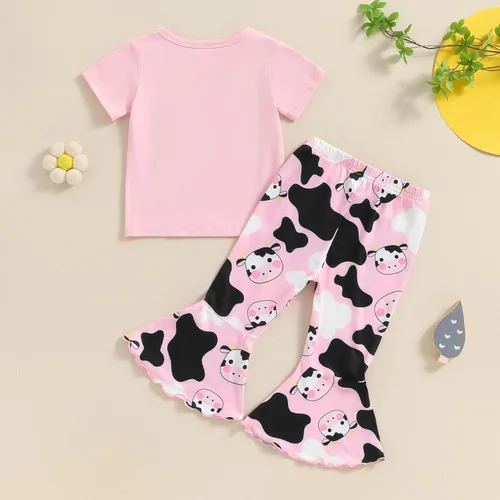 Vista 98 de fhutpw Conjunto de camiseta de manga corta con estampado de vaca y pantalones acampanados de dibujos animados para niñas