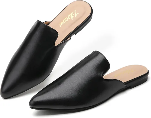 Vista 19 de Tilocow Mules para mujer, cómodos mocasines puntiagudos, sin espalda, planos, zapatos casuales de negocios, deslizantes, sin cordones beige