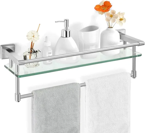 Vista 10 de Estante de vidrio para baño de 20 pulgadas, estantes de baño con barra para toallas, estantes de vidrio templado con soporte para toallas de acero