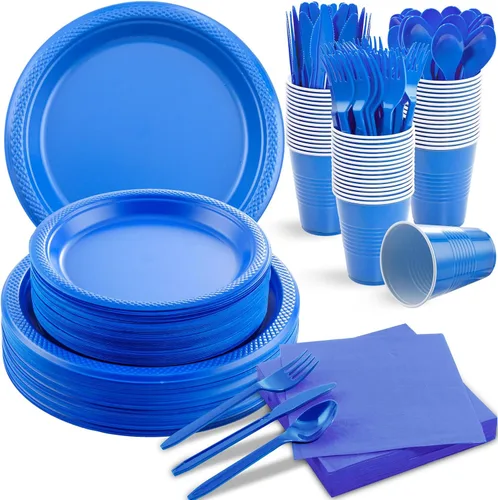 Vista 14 de MirthMood - 350 platos desechables negros, platos negros, suministros de plástico para fiestas, incluye 50 platos llanos, 50 platos de ensalada, 50