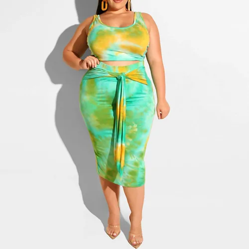 Vista 2 de Conjunto vestido a media pierna de 2 piezas de talla plus, conjunto de falda ajustada, top ajustado, estampado estilo hippy sin mangas