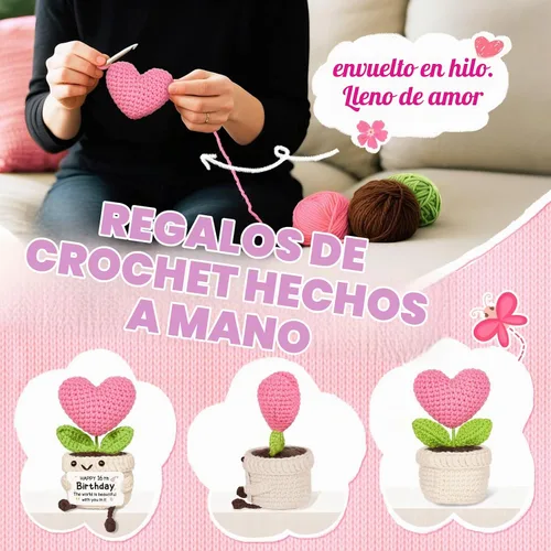 Vista 4 de Regalos de cumpleaños número 16 para niñas, flor de corazón rosa de ganchillo hecha a mano, regalos de dulces 16 para niñas, decoraciones