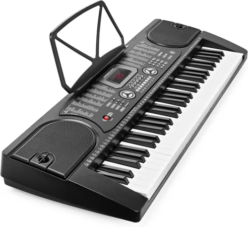 Vista 8 de Teclado de piano electrónico de la marca Hamzer, modelo 61-Key, portátil, con atril, taburete, auriculares y micrófono