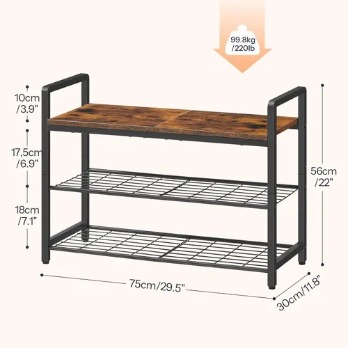 Vista 2 de HOOBRO Banco de zapatos para entrada, organizador industrial de almacenamiento de zapatos de 3 niveles con asas superiores y laterales de madera