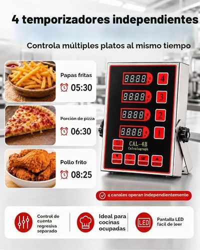 Vista 2 de Temporizador de cocina digital comercial de 4 canales, temporizador de cálculo de acero inoxidable con alarma fuerte para restaurante, recordatorio