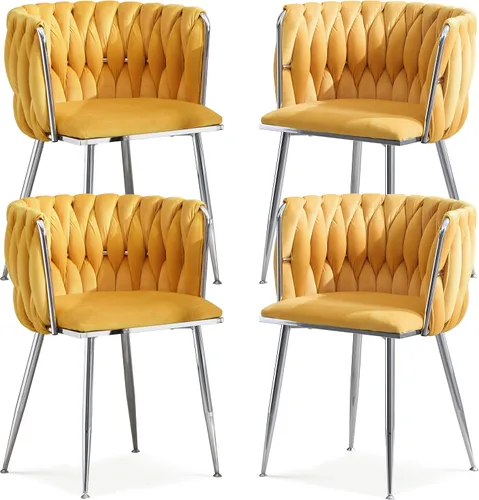 Vista 28 de Juego de 2 sillas de comedor de terciopelo, sillas laterales tapizadas tejidas con patas de metal negro, sillas decorativas modernas, sillas