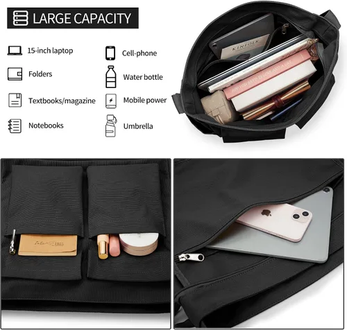 Vista 3 de KALIDI - Bolsa de lona con bolsillos, bolso bandolera grande para mujeres, hombres, universidad, trabajo, viajes, casual