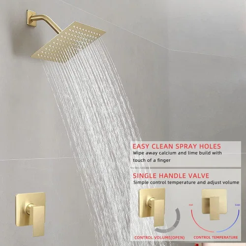 Vista 2 de Juego de llave de regadera dorada cepillada, sistema de regadera de lluvia para baño con cabezal de regadera de lluvia de acero inoxidable, kit