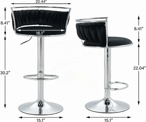 Vista 2 de Juego de 2 taburetes de bar giratorios de 360°, silla de bar de terciopelo ajustable a altura de mostrador moderna, taburete de metal plateado Negro