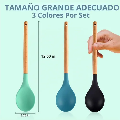 Vista 2 de 3 cucharas grandes de silicona para mezclar con mango de madera, antiadherentes, resistentes al calor, herramientas de mezcla de cocina