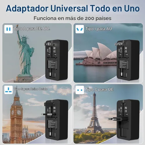 Vista 2 de Adaptador de viaje universal, adaptador de corriente internacional con 1 salida de CA, 1 USB-A y 2 puertos USB-C, funciona en más de 150 países