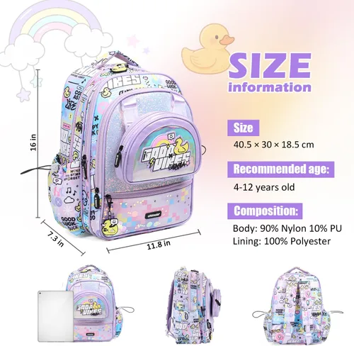 Vista 3 de Mochila de 16 pulgadas para niñas preescolar, jardín de infantes, escuela primaria, mochila escolar púrpura con múltiples bolsillos, ligera, Kawaii