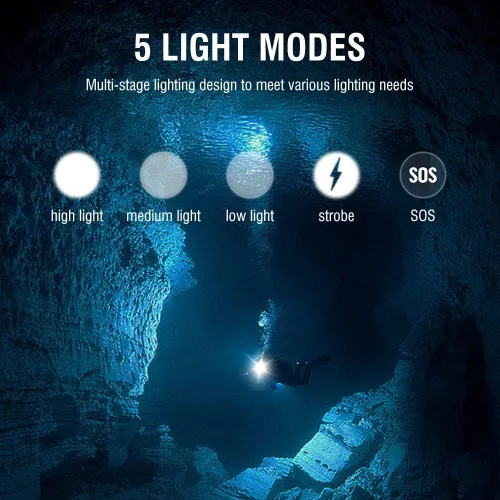 Vista 3 de LUXNOVAQ Linterna de buceo súper brillante recargable linterna IPX8 impermeable luz de buceo 5 modos submarina de seguridad lámpara de cabeza