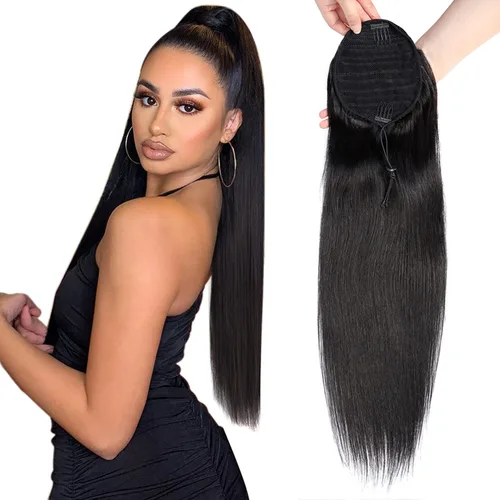 Vista 24 de Cola de Caballo de Cabello Humano Corto Rizado Crespo Envolvente con Clips Extensiones de Cola de Caballo de Pasta Mágica 120g/juego Pieza
