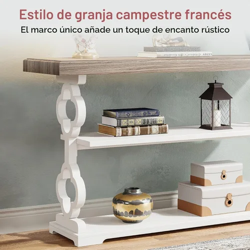 Vista 7 de Tribesigns Mesa consola de granja, mesa de sofá de 55 pulgadas de largo con estantes de almacenamiento, mesa de entrada de madera de 3 niveles