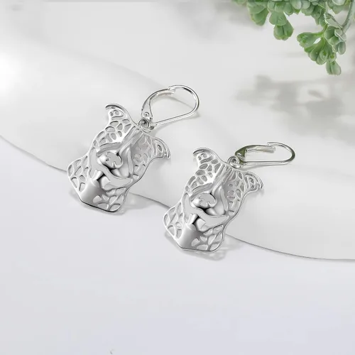 Vista 2 de Pitbull - Juego de collar de plata de ley y aretes colgantes por Ginger Lyne Ears Down Puppy Dog Pet Pendant Box Chain Doggie Animal Paw Print Heart