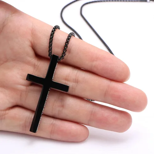 Vista 4 de Collar con dije de cruz cristiana para hombre de acero inoxidable chapado en oro o plata, o negro religioso y minimalista, para joyería de bautismo
