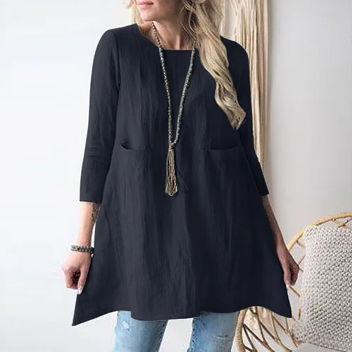 Vista 2 de Blusa suelta de lino de algodón para mujer, manga 34, cuello redondo, bolsillos casuales, color liso