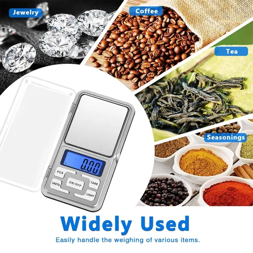Vista 7 de 2 unids alta precisión mini electrónica digital bolsillo báscula joyería pesaje equilibrio portátil 17.64 oz/0.0004 oz función de conteo LCD azul
