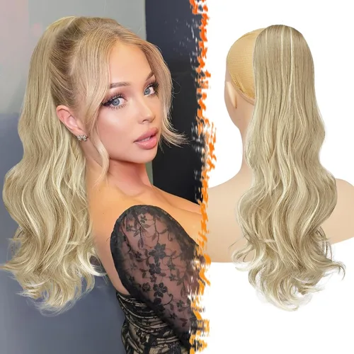 Vista 15 de BARSDAR Extensión de cola de caballo con cordón ondulado negro y marrón – 20 pulgadas con clip de cordón para mujer, extensiones de cabello Negro
