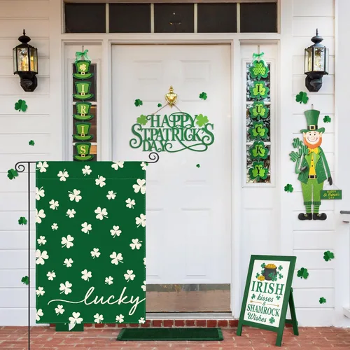 Vista 4 de AVOIN colorlife Bandera de jardín del Día de San Patricio de la suerte de 12 x 18 pulgadas de doble cara exterior, diseño floral de arpillera